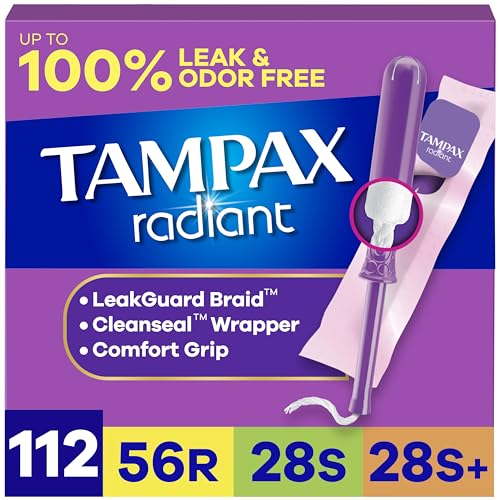 Tampax Radiant Tampons for Women Multipack, with LeakGuard Braid, Regular/Super/Super Plus Absorbency, Unscented, 112 Count (4 Packs of 28)