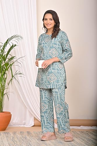 Image of Amazon Brand - Tavasya Women Cotton- Rayon Printed Kurti with Pant Co-Ord Set | Soft Comfortable Straight Fit Ethnic Kurta Set | 3 /4 Sleeves V-Neck Daily, Office & Casual Wear