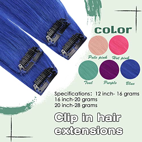Image of Ugeat Blue Clip in Hair Extensions for Cosplay 20 Inch Hair Extensions Clip ins for Party Colorful Human Hair Clip ins Halloween Easy to Apply 4pcs 28g