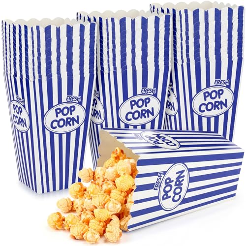 Image of Xinnun 200 Pcs Popcorn Boxes 32 oz Classic Stripe Paper Popcorn Buckets Bulk Disposable Oil Proof Container Vintage Retro Open Top Holders for Movie Night Supply Theater Carnival Party(Dark Blue)