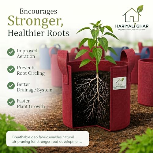 Image of 400 GSM Geo Fabric Round Grow Bags 9x9 Inch with Handle, Red Planting Bags for Terrace and Kitchen Gardening Pack of 20