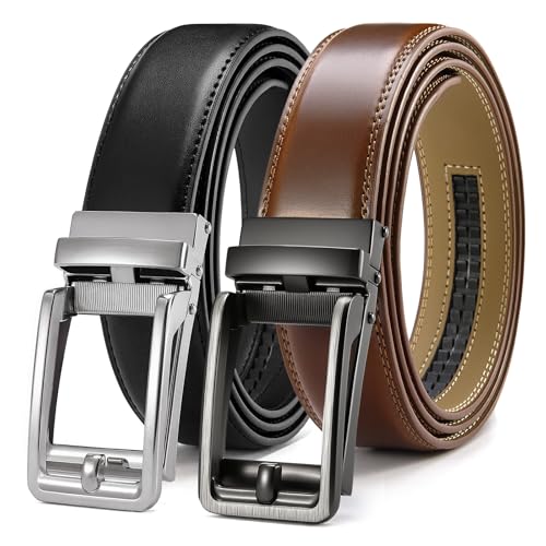 Image of CHAOREN Click Belts for Men 2 Pack - 1 3 /8 inch Leather Ratchet Belt | Trim to Fit, Gift Box, Micro-adjustable, Scratch Resistant Buckle, Formal Suits, Dress Pants, Casual Jeans, Golf