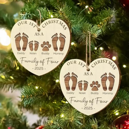 Personalized Footprint Ornament for First Christmas as a Family of Four - Unique Wooden Keepsake for New Parents - Image 6