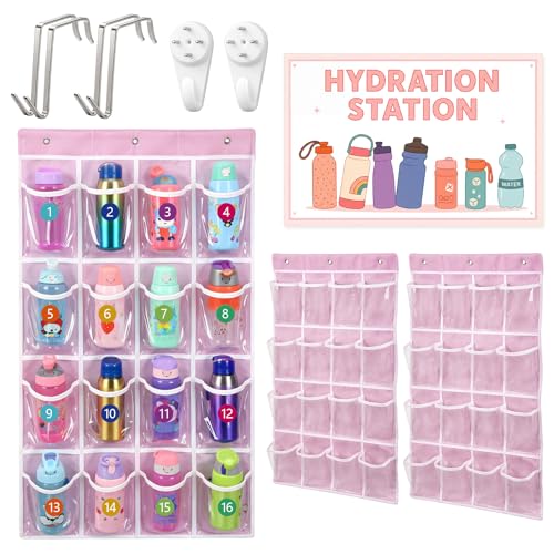 2 Pcs Water Bottle Organizer for Classroom 32 Holders over the Door Storage Rack for Cup and Various Sizes with Hydration Station Sign Sticker(PVC,Classic,Pink)