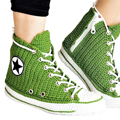 Handmade Hi-Top Sneaker Style Blue Slippers - Organic Cotton Winter Booties for Family Matching Outfits