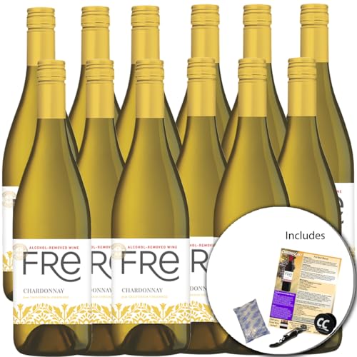 Fre Chardonnay Non-Alcoholic White Wine Experience Bundle with Ice Packs, Corkscrew, Phone Grip, Seasonal Wine Pairings &amp; Recipes, 750ML btls, 12-PACK
