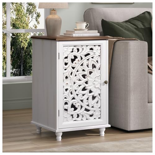 Image of JOINICE End Table with Storage, 28 inch Tall White Side Table with Carved Door & Adjustable Shelf, Small Accent Cabinet with Solid Wood Legs for Living Room & Bedroom, Distressed Farmhouse Style