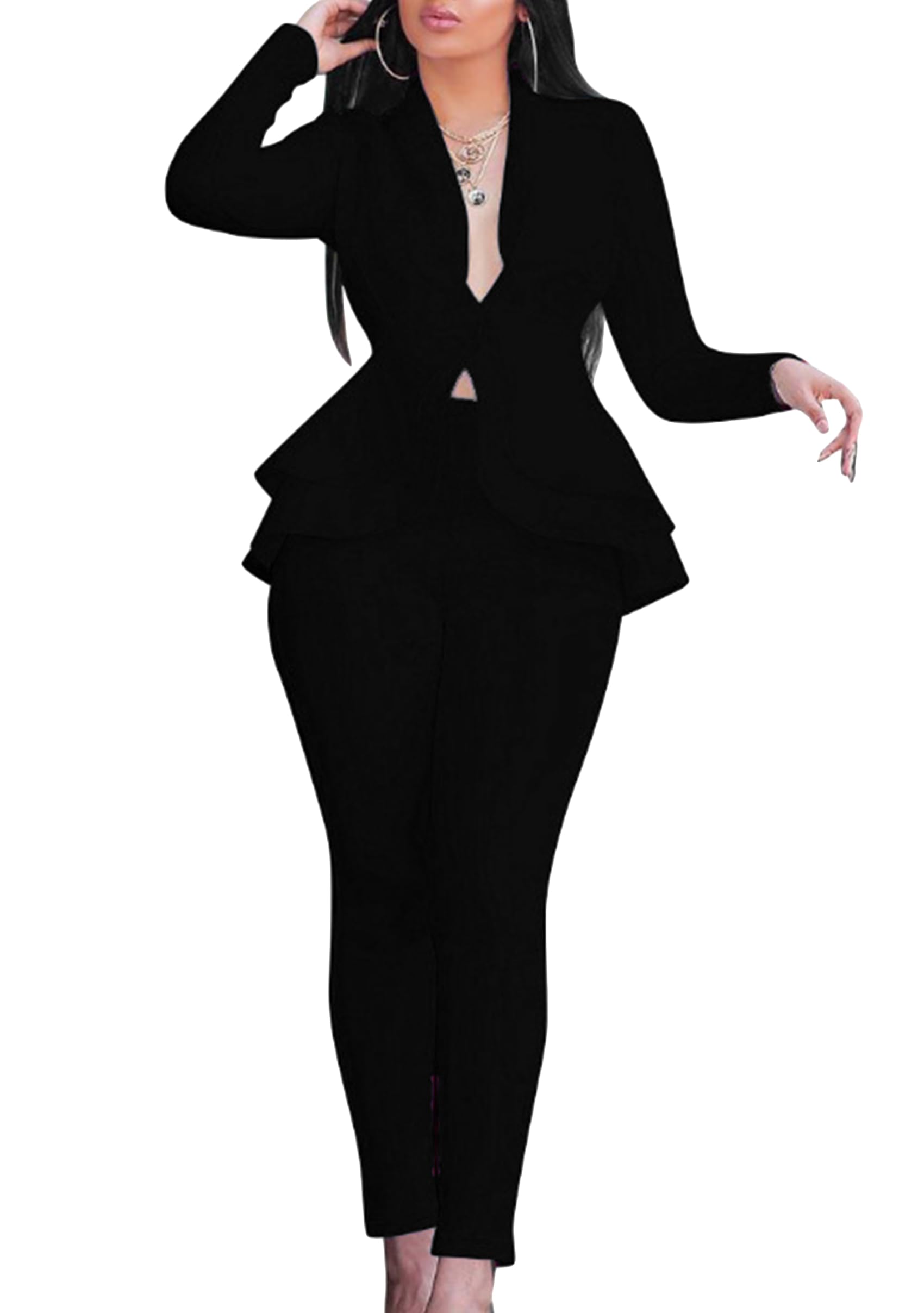 YMING Womens Sexy 2 Piece Outfits Long Sleeve Solid Color Ruffle Blazer with Long Pants Elegant Business Casual