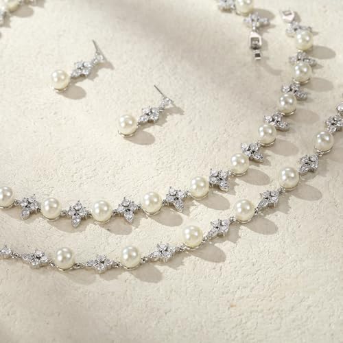 Image of EVER FAITH Cubic Zirconia Pearl Leaf Bridal Jewelry Set for Bride Women