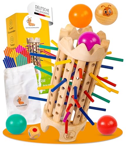 Fallturm - Farblernturm | Holzspielzeug ab 3 Jahre für 1-4 Spieler | Motorikspiel für Kinder | Lernspiel mit Kugeln und Stäbchen fördert Logik sowie Sozialverhalten | Nachhaltig aus Gummibaumholz