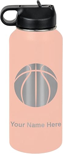 Miniatura 68 de LaserGram Botella de agua personalizada, pelota de baloncesto, acero inoxidable de doble pared aislada al vacío con popote superior, regalo grabado