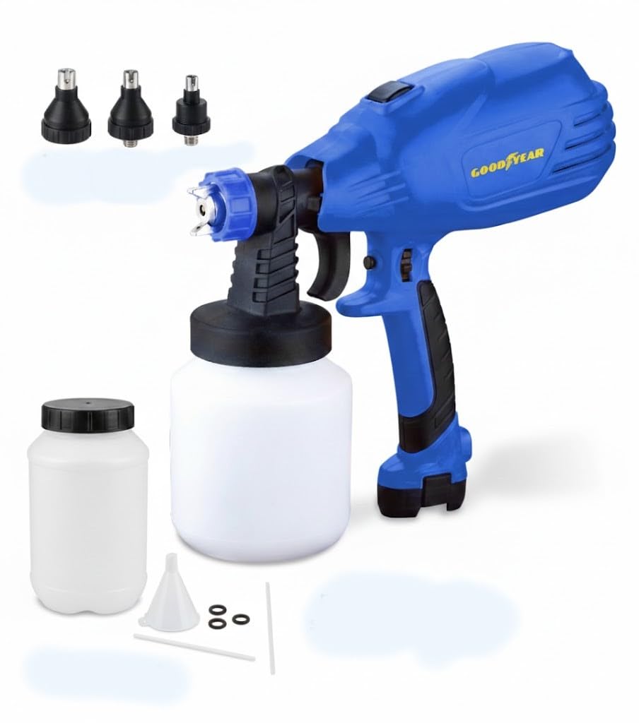 Goodyear - Elektryczny pistolet malarski HVLP, 450 W, 1L, 450–550 ml/min, 3 dysze (1/1,5/2 mm), 2–5 PSI, 38 000 obr./min, elektryczny opryskiwacz do ścian, mebli i majsterkowania (450W)