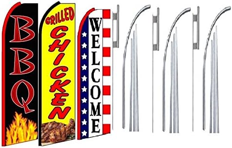 OnPoint Wares BBQ, grilled chicken Welcome King Feather Flag Sign Kit With Pole and Ground Spike- Pack of 3