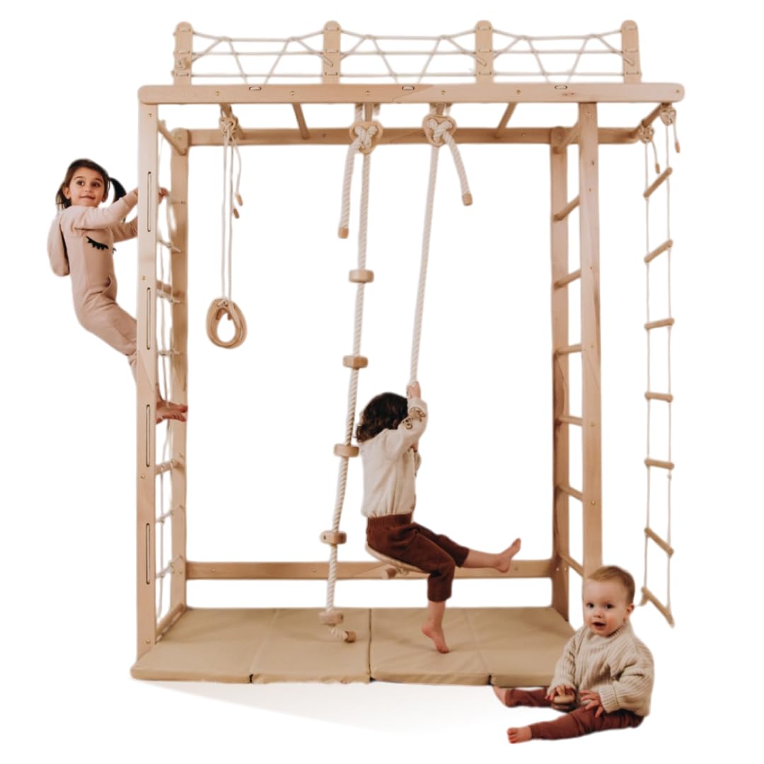 Wood And Hearts Riesige Brücke Schwedische Leiter, sprossenwand, kletterwand kinderzimmer, turnringe, sprossenwand kinderzimmer, Indoor Spielplatz, kletterwand (Natürliche Holzfarbe)
