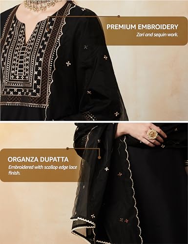 Image of Amazon Brand - Myx Women's Embroidered Kurta Set with Organza Dupatta (Available in Plus Sizes)