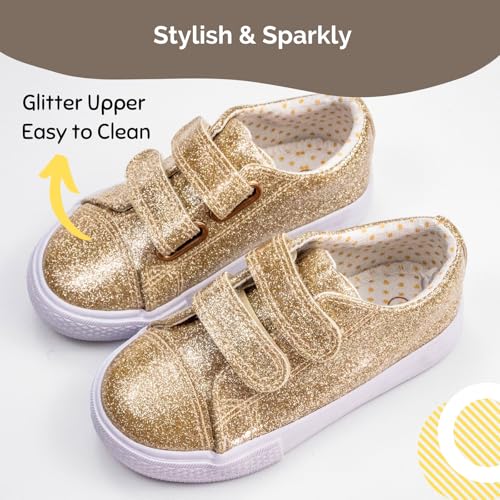 waddle wonder Toddler Shoes for Unisex-Child Princess Glitter Fashion Hook and Loop Easy On & Off Double Strap Laceless Casual Sparkly Sneaker Gold Size 6-102