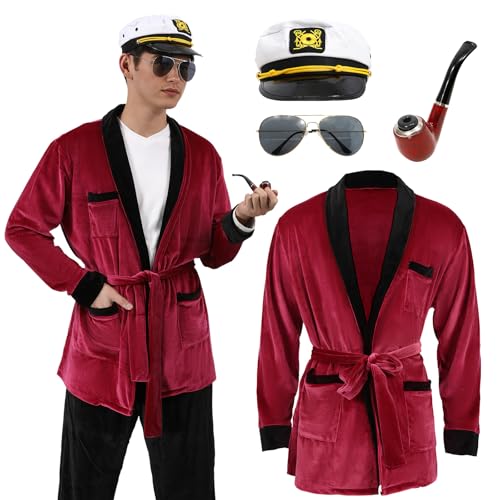 Huraogcos Hugh Hefner Kostüm Hugh Hefner Robe Kapitänsmütze Pfeifen-Requisiten-Sets für Erwachsene Halloween Kostüme für Männer (XL/2XL)