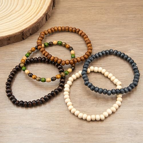 Set de 5 pulseras unisex de cuentas de madera Bohemia miniatura 4