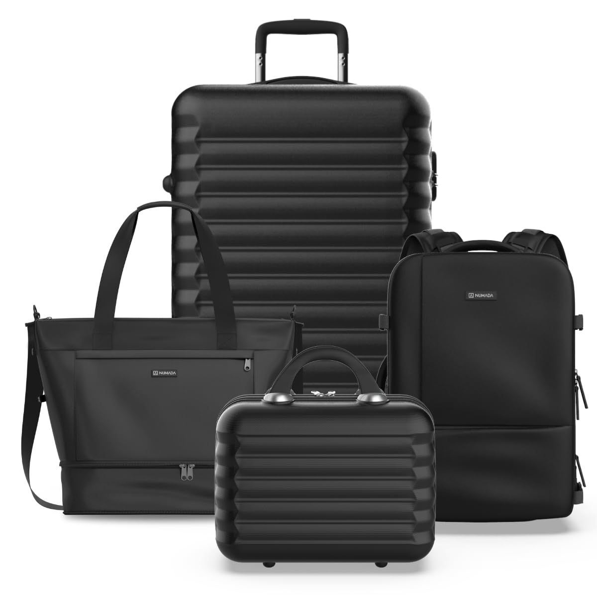 NUMADA-​Juego de Maletas 4pzs. Maleta Mediana 18Kg (63x39,​5x26,​8cm) ABS, Mochila Viaje Cabina Avión 40x20x25cm (20L), Bolsa de Viaje Ryanair 40x20x25 cm y Neceser Grande 11L ABS, Negro
