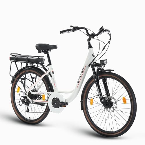 SPATIAL Vélo Électrique, 26' Vélo Électrique en Montagne pour Adulte, VTT électrique 250W, Batterie Amovible 13AH 468Wh, Autonomie 80 km, E-Bike Shimano 7 Vitesses E Bike (Blanc)