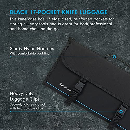 Messermeister 17-Pocket Knife Case With Large Outer Pocket, Black - 17 Elasticized, Reinforced Pockets For Culinary Tools - Holds Up To 18” Knives - Functional, Stylish & Durable #TOP1