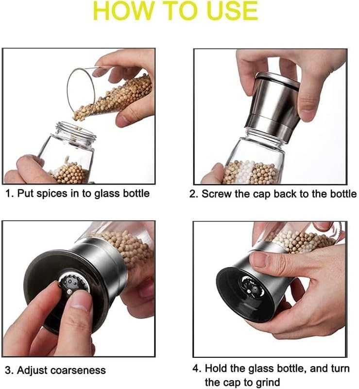 Pepper Grinder Salt Refillable Stainless Steel Adjustable Coarse Kitchen Spice(Plastic Cap 01)