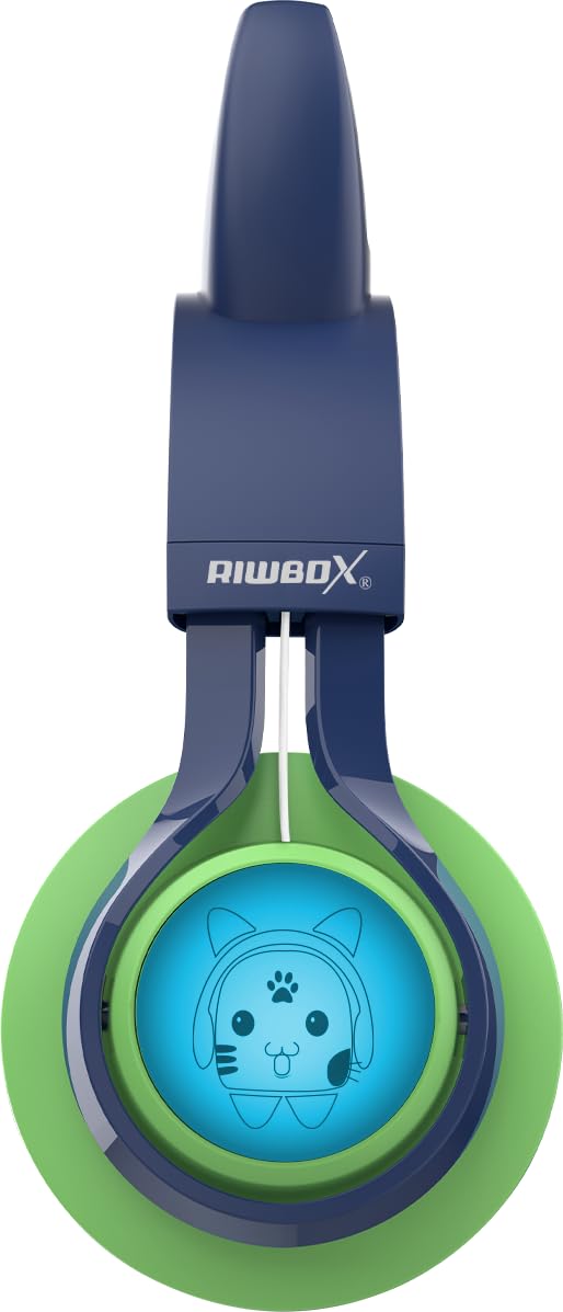 Riwbox CT-7S, cuffie Bluetooth per bambini, con orecchie di gatto, con luce LED, limitazione del volume di 85 dB, sovrauricolari con microfono per laptop/PC/TV (verde e blu navy)