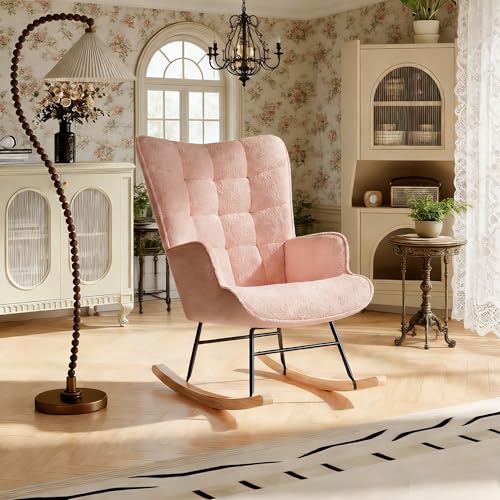 FEEOHOME Fauteuil à Bascule, Chaise Loisir, Fauteuil Chambre Adultes avec accoudoirs et Poches, Chaise a Bascule Velours Teddy avec Pieds en Bois Massif pour Chambre, Salon, étude (Rose)