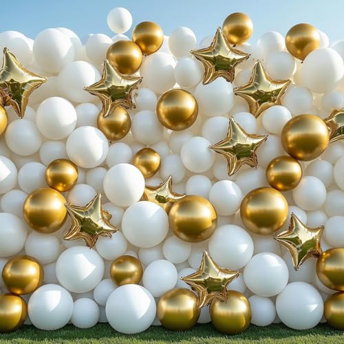 Image of RUBFAC White and Gold Balloons 129pcs Different Sizes Pack of 18 12 10 5 Inch, Latex Balloon Garland Arch Kit for Birthday Party Wedding Holiday Baby Shower Decoration