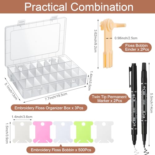 Image of GlikCeil 500 Pcs Set Embroidery Floss Bobbins Kit with Organizer Boxes, Bobbin Winder, Markers - Cross Stitch Thread Storage Set with Hard Plastic Bobbins in 5 Colors for Craft DIY Sewing Supplies