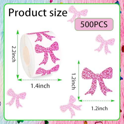 Image of 500Pcs Pink Bow Vinyl Stickers Roll 1.2in Glitter Valentines Stickers Sparkly Pink Bow Label Tag Self-Adhesive Classroom Reward Waterproof Decals for Bottle Birthday Party Decor