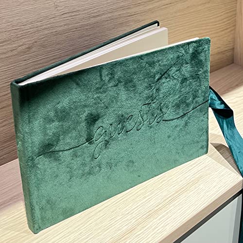 Rosh Pinnah Luxury Velvet Guest Book (96 Pages) - Sign-In Registry Guestbook & Keepsake & Polaroids Album Book – Velvet Hard Cover With Satin Ribbon - 7” X 10" (Green) #TOP3