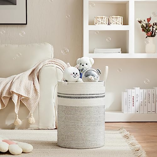 Image of VIPOSCO 58L Tall Woven Rope Laundry Hamper, Leather Handles, Stripe White | Large Wicker Laundry Basket for Dirty Clothes, Blanket, Toy, Towel, Yoga Mat, Storage Bin in Bedroom, Bathroom, Living Room