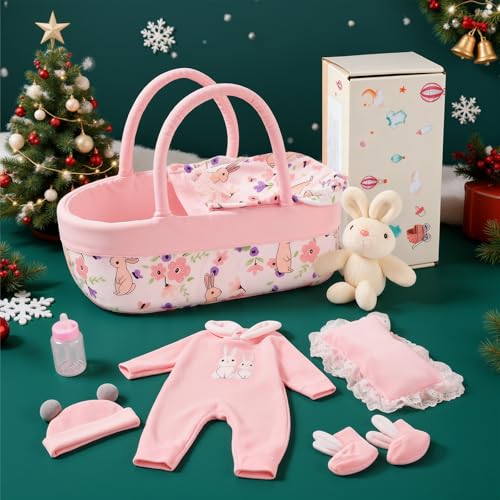 BABESIDE 8 Pcs Reborn Baby Doll Clothes with Bassinet for 17-22 Inch Baby Dolls, Baby Dolls Clothes Doll Accessories Set with Bunny Toy for Realistic Baby Dolls Girl (Not Doll)