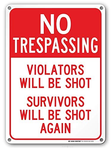 Placa de aluminio para decoración de pared con texto en inglés "No Trespassing", Trespassers Will Be Shot Gun", uso interior y exterior, hecho de metal inoxidable, 30,5 x 20,3 cm Cover