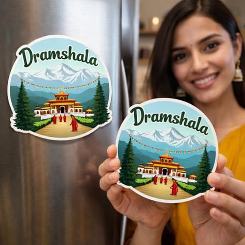 Image of Naxon Dharamshala Town Theme Souvenir Wooden Fridge Magnet | Himalayan Hills, Tibetan Culture Design 3x3 Inch Refrigerator Magnet for Home Decor | Travel Gift from Himachal Pradesh | Pack of 1