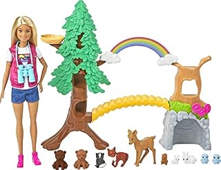 Barbie Wilderness Guide Interactive Playset, Blonde Barbie Doll, Outdoor Tree, Bridge, Overhead Rainbow, 10 Animals & More, Gift for Ages 3 Y+, GTN60
