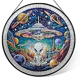 Alien Spaceship Stained Glass Window Hanging, 7.9' UFO Sun Catcher Glass Panel Boho Wall Art Decor, Hand Painted Round Ornament for Friends, Art Lover, Astronomer