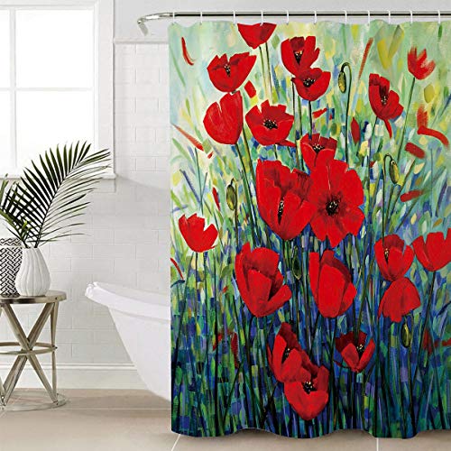 Alago Poppy Flower Shower Curtain Beautiful Red Poppy Painting Design Shower Curtain Bathroom Curtain Set With Hooks Waterproof Fabric Bath Curtain 66" X 72" #TOP2