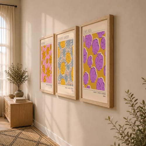 Image of NoWorries Trendy Abstract Floral Art Wall Frames | Modern Botanical Prints Inspired by London Paintings 300 GSM Premium Prints | Synthetic Wooden Stylish Frame Wall Decor for Bedroom, Living Room, Cafe & Office (Set of-3) (NATURAL, ART-1, 25X37INCHES)