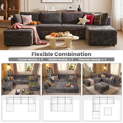 Image of ovios Modular Sectional Sofa Couch with U-Shape Chaise Ottomans, Comfy Plush Corduroy Cloud Couches, Modern Luxury Deep Seat Sofas Set for Living Room, 6-Seater, Grey