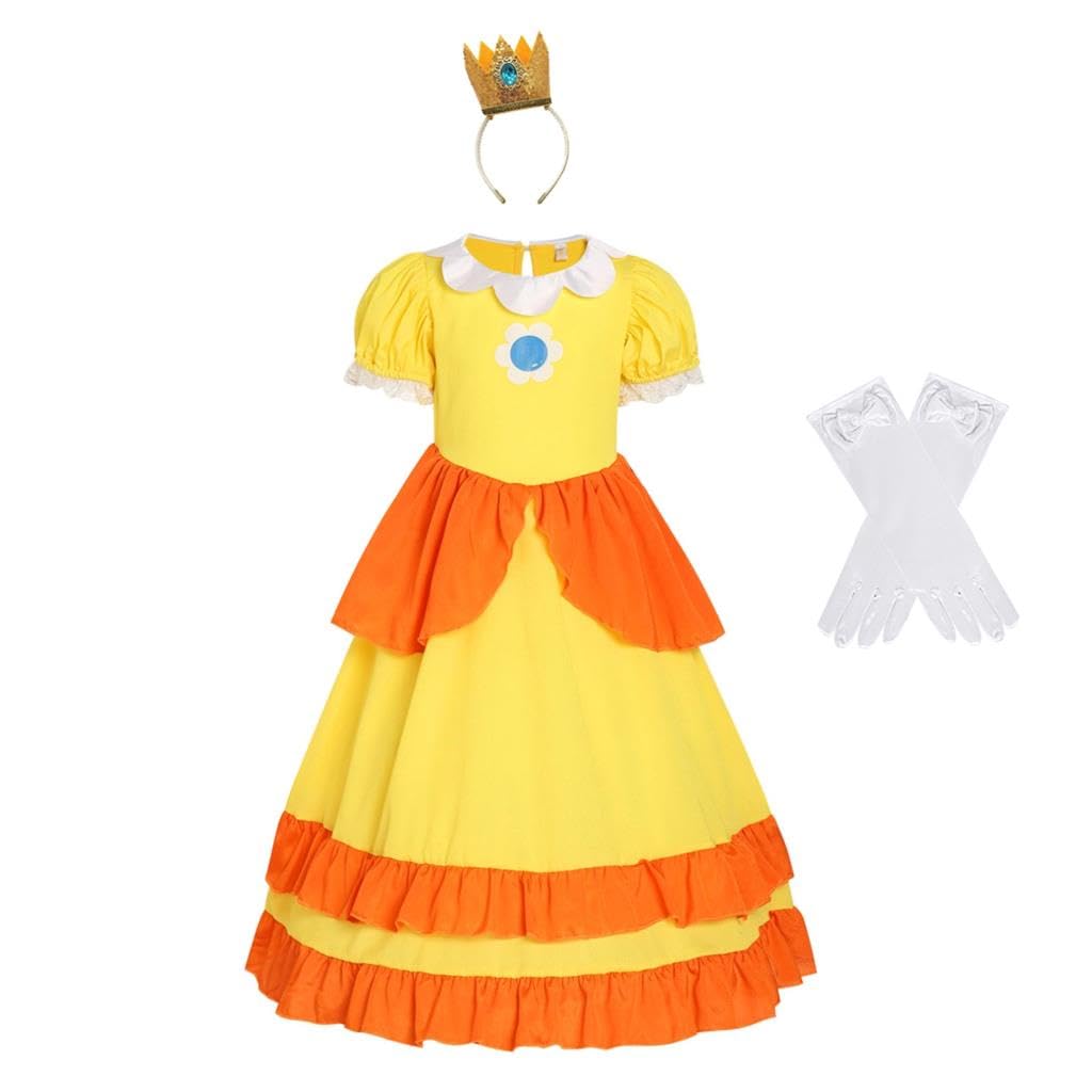 Lito Angels Disfraz Vestido de Princesa Daisy Peach con Corona y Guantes para Niña Pequeña Talla 3-12 años, Rosa Caliente/Amarillo