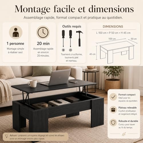 Table basse relevable noire avec compartiment moderne pour optimiser votre salon de 100 cm - 7