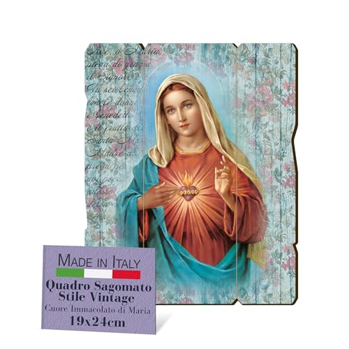 Fratelli Bonella – Cuadro de corazón inmaculado de María contorneado vintage, cuadro de madera de álamo, 8 mm, para dormitorio, 19 x 24 cm, 100 % fabricado en Italia