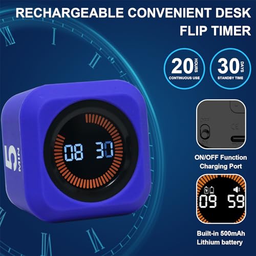 Image of Rotating Pomodoro Cube Visual Timer 5, 25, 10 50 Minutes Preset, Rechargeable Desk Productivity Flip Timer w /Silicone Cover Custom Countdown, Silent Mode for ADHD, Study, Work, School(Blue)