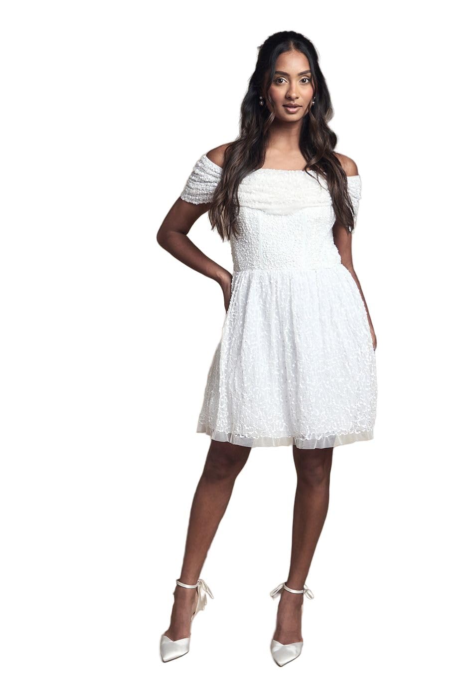 Coast Women's Ivory Bardot Full Skirted Embellished Bridal Mini Dress, 14,