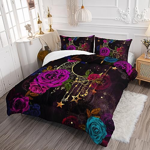 Image of AILONEN Purple Moon Rose Comforter Set Full Size, 3D Floral Pattern Bedding Set for Girls Women Room Decor, 3Pcs Soft Lightweight Duvet Set With 1 Quilt and 2 Pillowcases