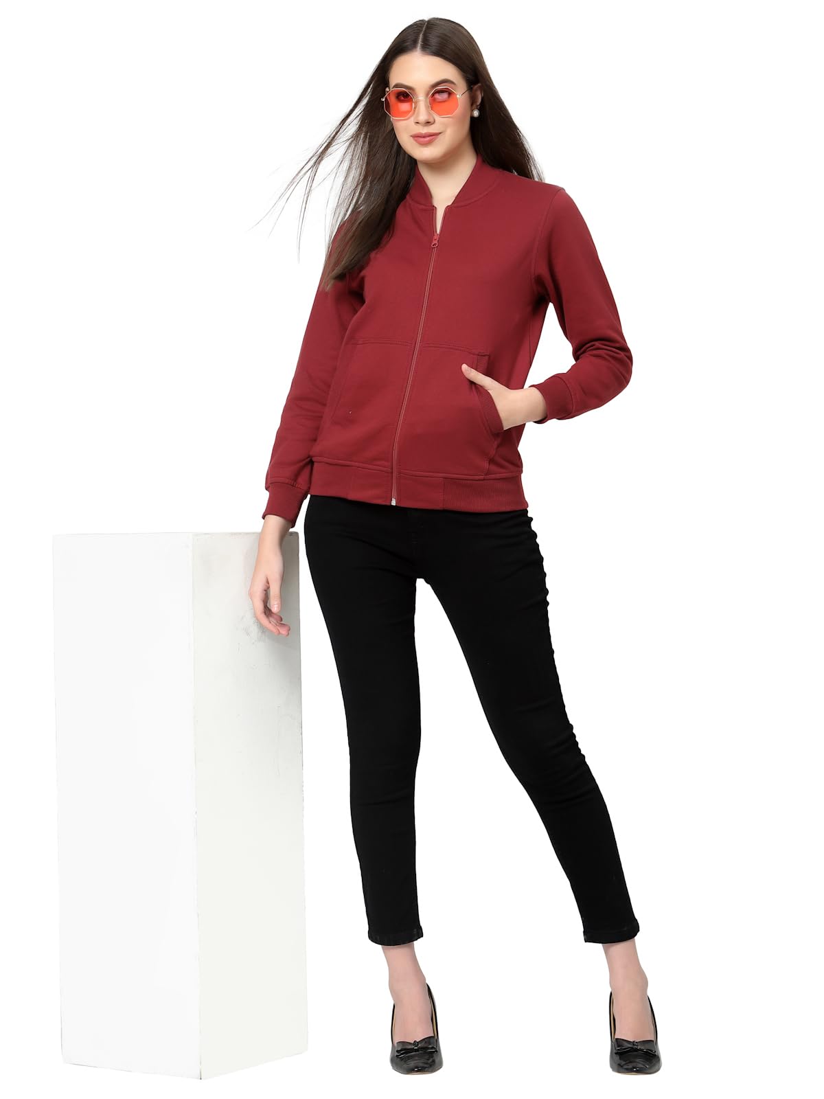 Kalt Women Full Sleeves Zipper Fleece Jacket(Wine;Large) 2