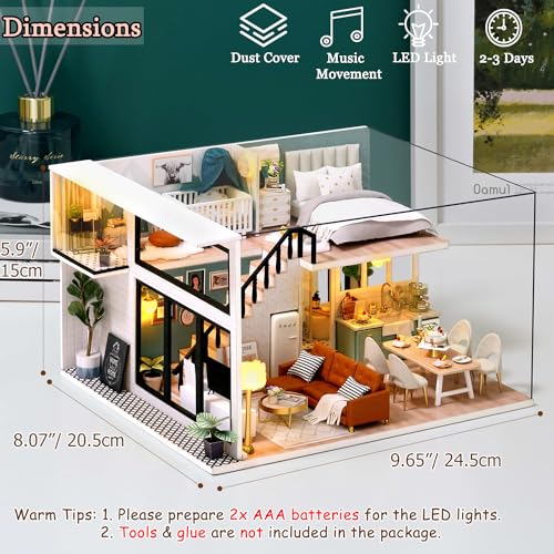 Image of TuKIIE DIY Miniature Dollhouse Kit with Furniture, 1:24 Scale Creative Room Mini Wooden Doll House Accessories Plus Dust Proof & Music Movement for Kids Teens Adults(Comfortable Life)