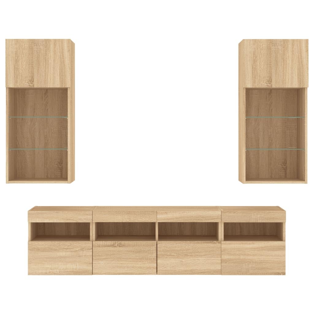 Gecheer 5-TLG.parete per soggiorno, parete con illuminazione a LED, pensile per TV, TV bassa, mobile per TV, TV da salotto, TV, in legno, vetro